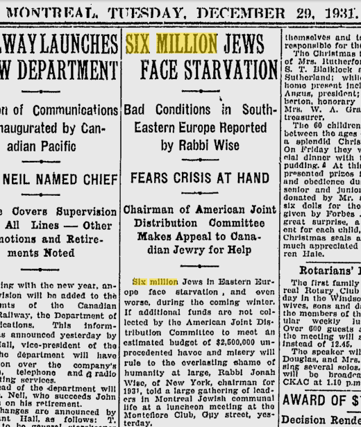 Six Million again. Jews demand that Gentiles hand over their food to the poor, innocent Jews while they murder millions, and ship millions more off to Gulag slave camps in Communist Jew-controlled Russia. 