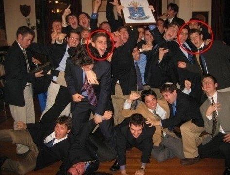 Mark Zuckerberg (right circle) with his Jewish brothers in Harvard's Alpha Epsilon Pi Jewish fraternity, and Facebook co-founder Eduardo Saverin (left circle). 